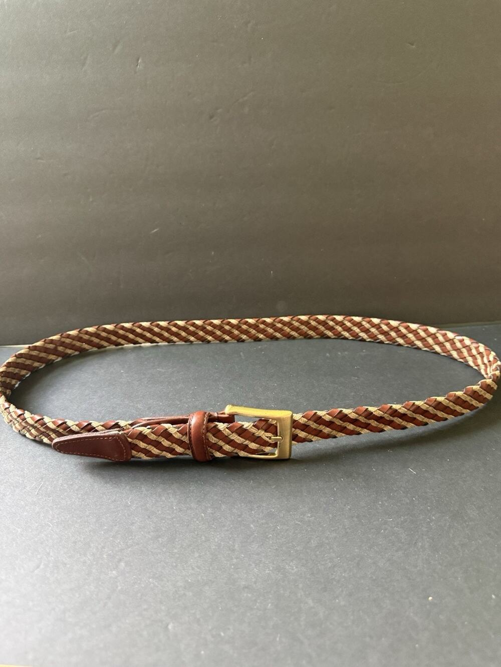 Mens Size 42 Leather Braided Woven Brown Dress Belt Office Career City Travel